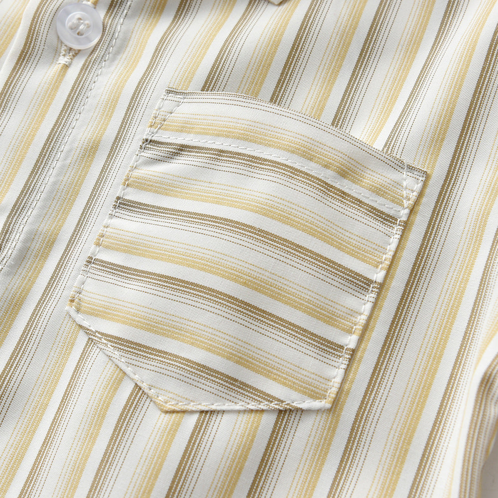 Children's Style Korean Summer Striped Lapel Short Sleeve Cotton Cardigan Suspender Children's Suit