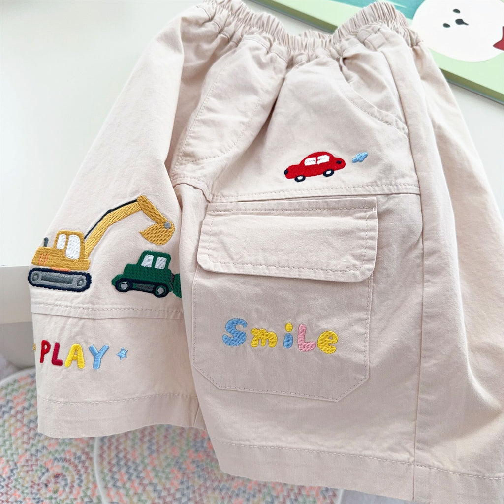 Women's & Men's Summer Cartoon Excavator Car Patch Embroidery Shorts Children's Pants