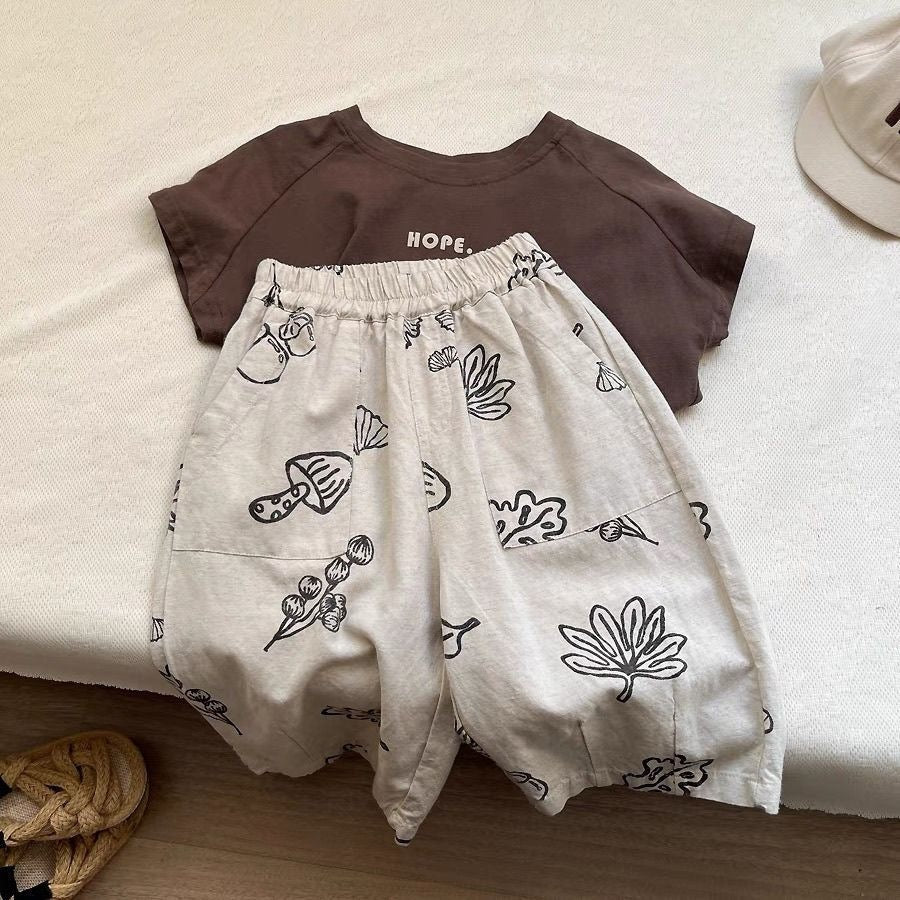 Children's Retro Artistic Korean Style Printed Cropped Trousers Boys Lightweight Casual Children's Pants