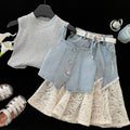 Denim Skirt Summer Fashionable Lace Stitching Camisole Three-piece Children's Suit