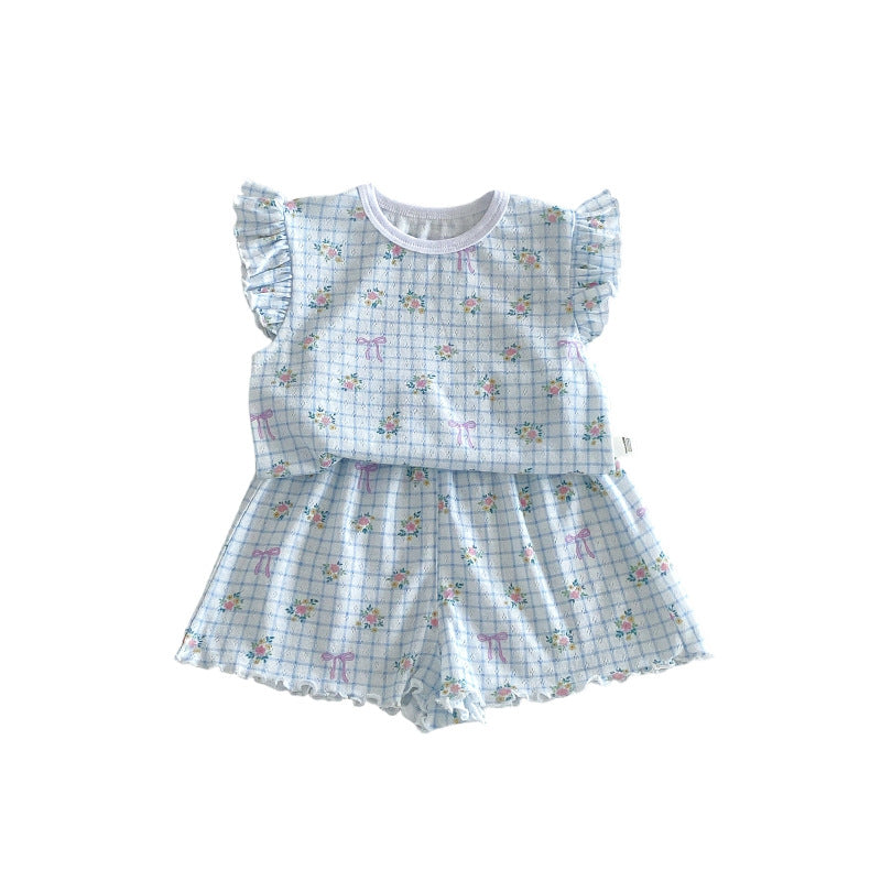 Floral Summer Foreign Cat Printing T-shirt Children's Suit