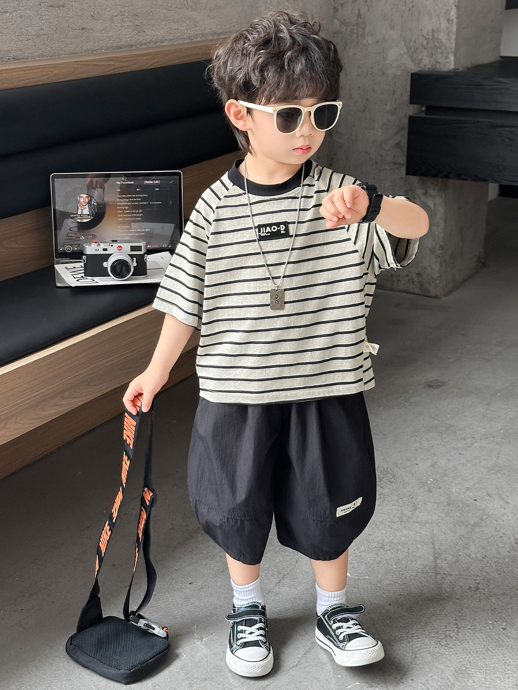 Children's Summer Striped Short-sleeved Korean Shorts Two-piece Children's Suit