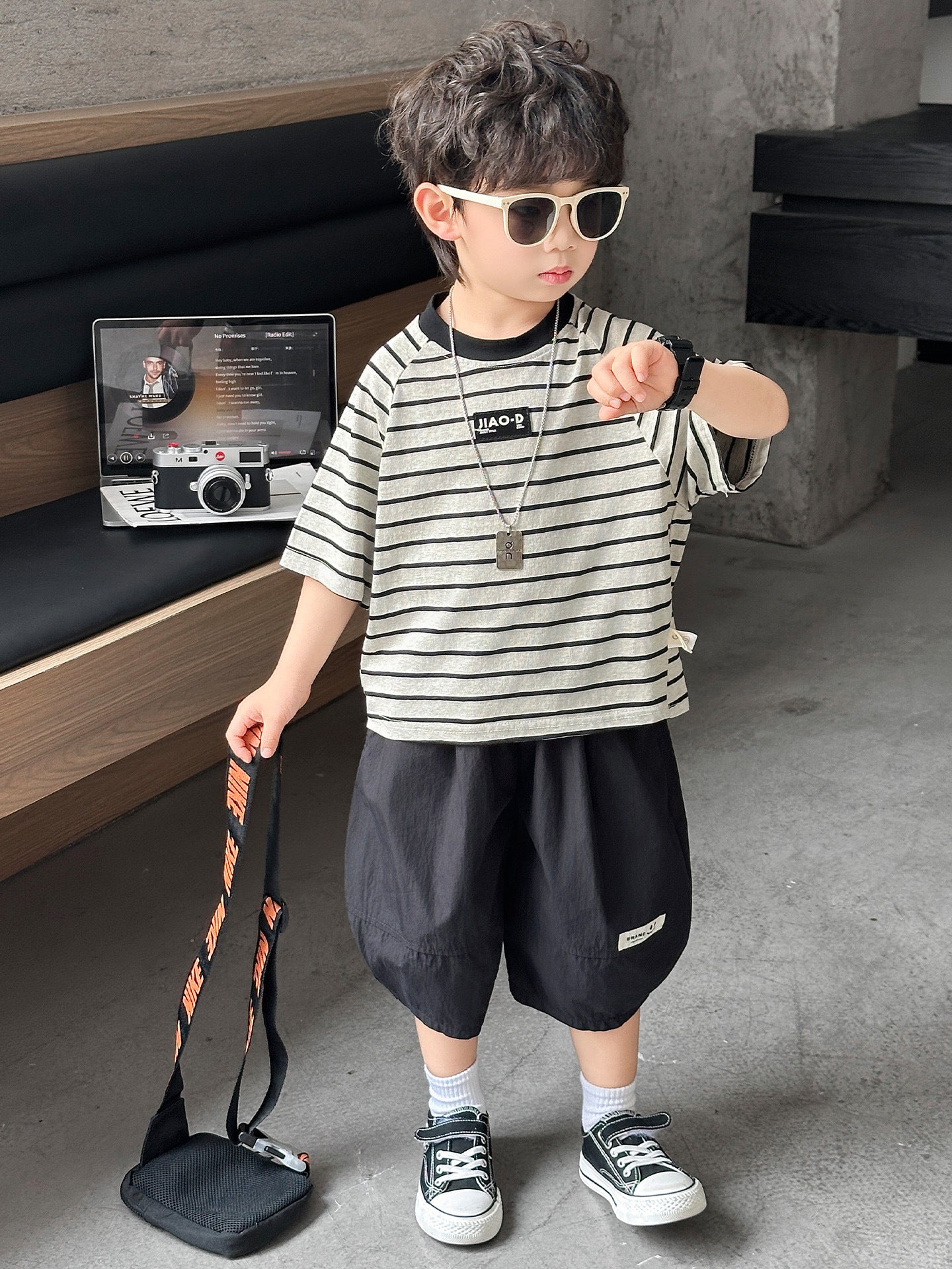 Children's Summer Striped Short-sleeved Korean Shorts Two-piece Children's Suit