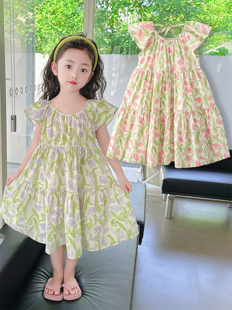 Ruffled Collar Floral Tulip Sweet Kindergarten Primary School Children's Dress