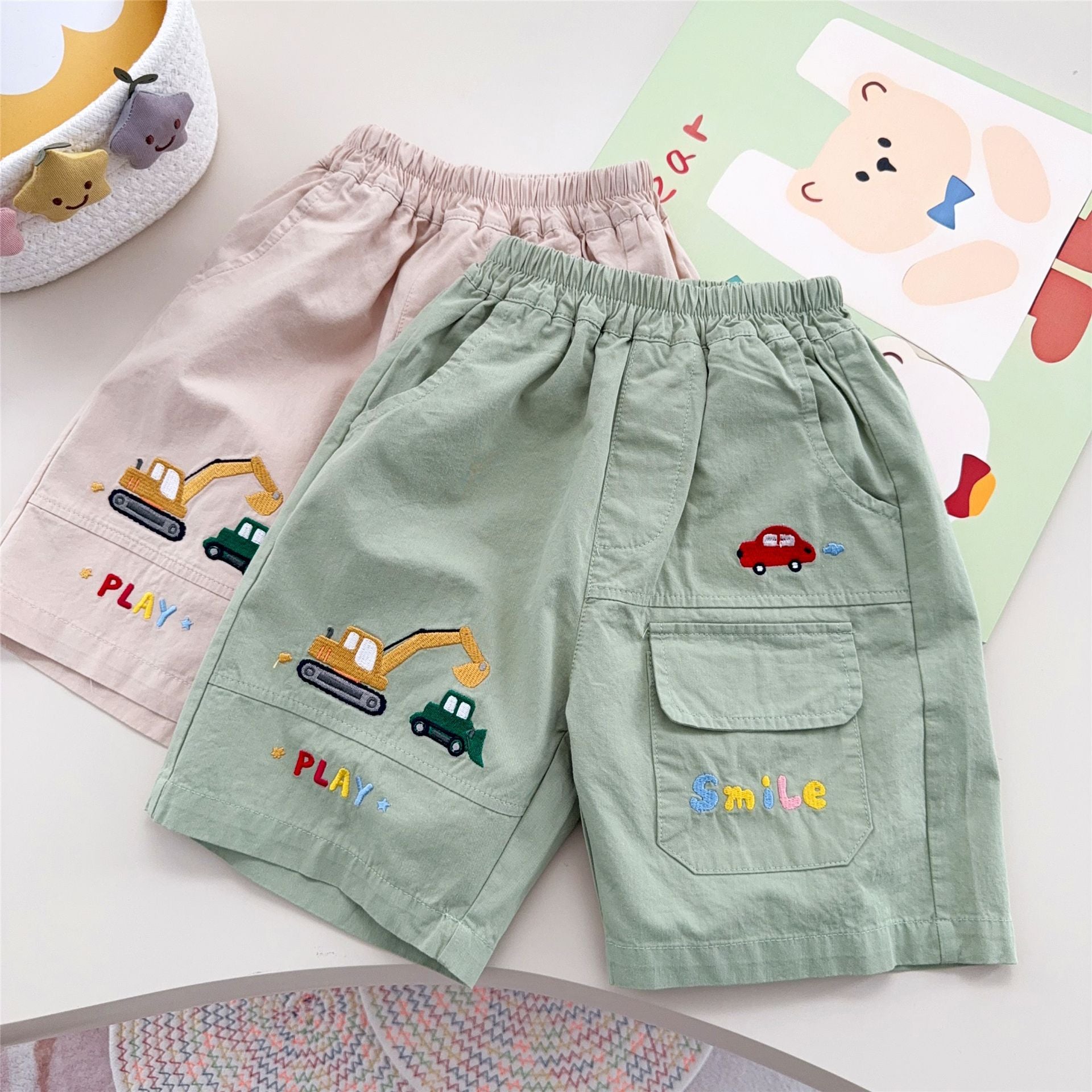 Women's & Men's Summer Cartoon Excavator Car Patch Embroidery Shorts Children's Pants
