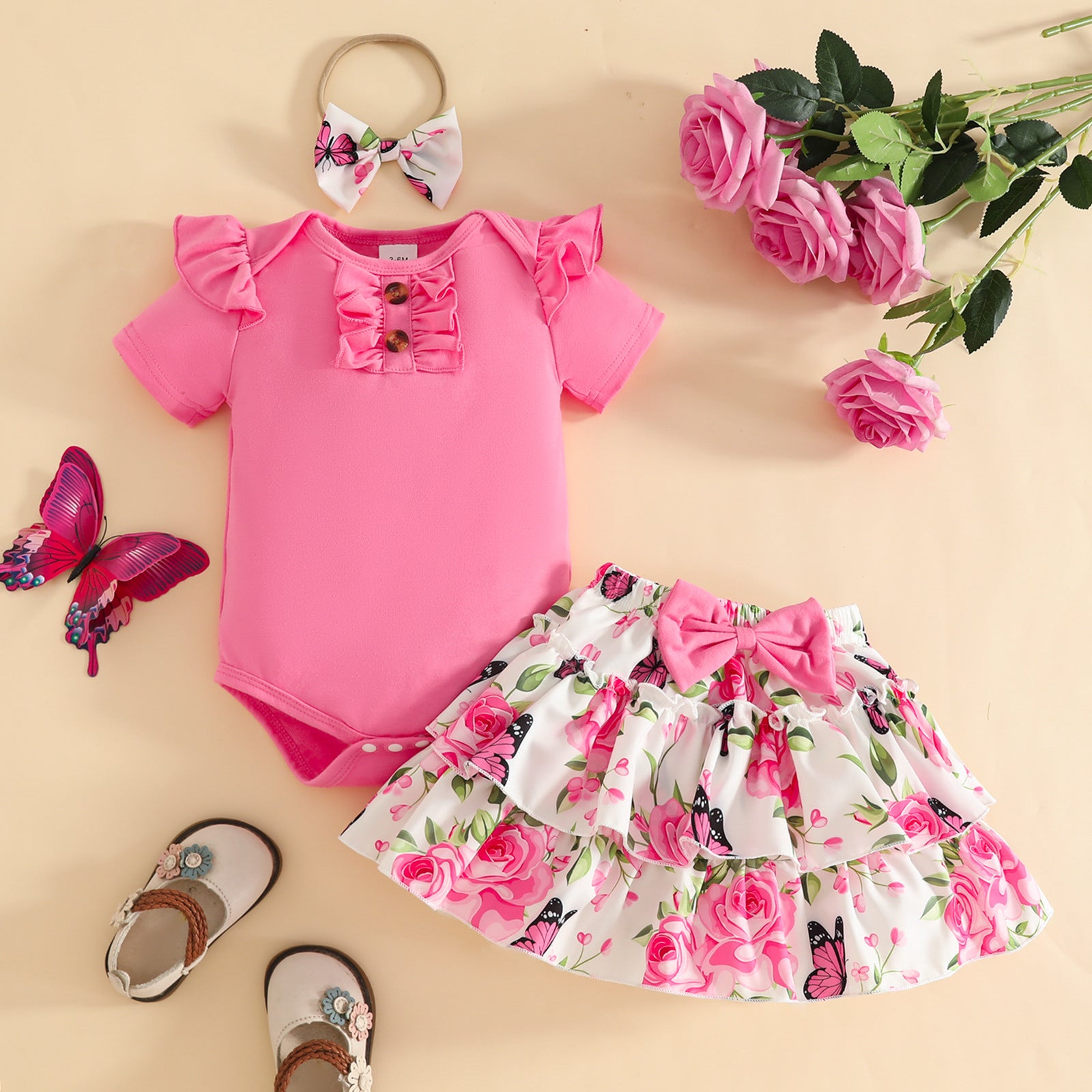 Floral Pattern Skirt Short Sleeve Top Double Layer Children's Suit