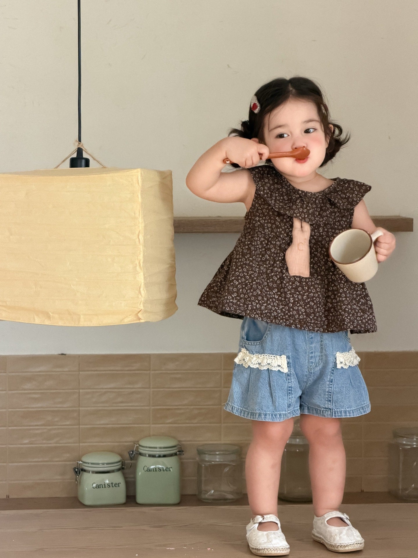 Children's Floral Doll Shirt Denim Shorts Korean Children's Suit