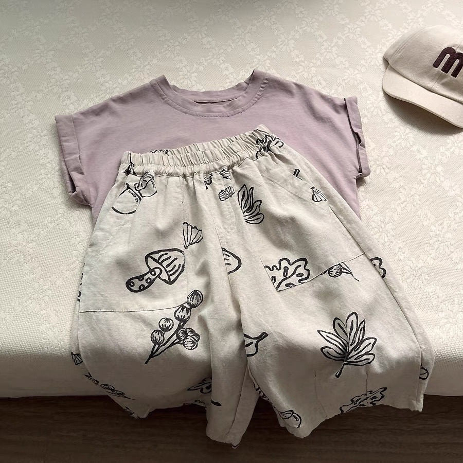Children's Retro Artistic Korean Style Printed Cropped Trousers Boys Lightweight Casual Children's Pants
