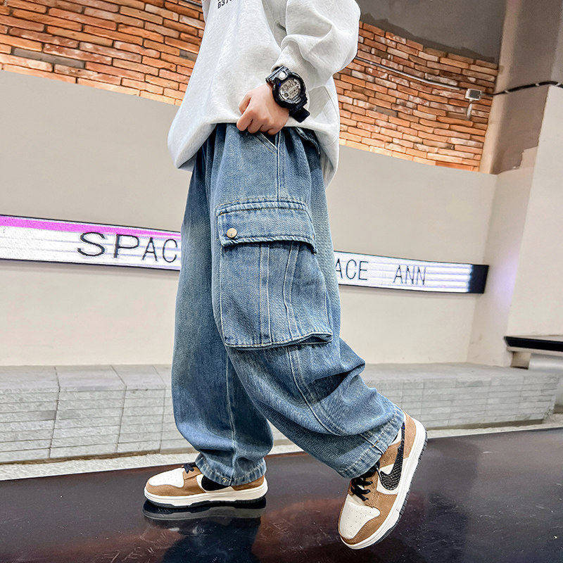 Children's Youth Korean Style Medium Big Large Pocket Wide Leg Children's Pants