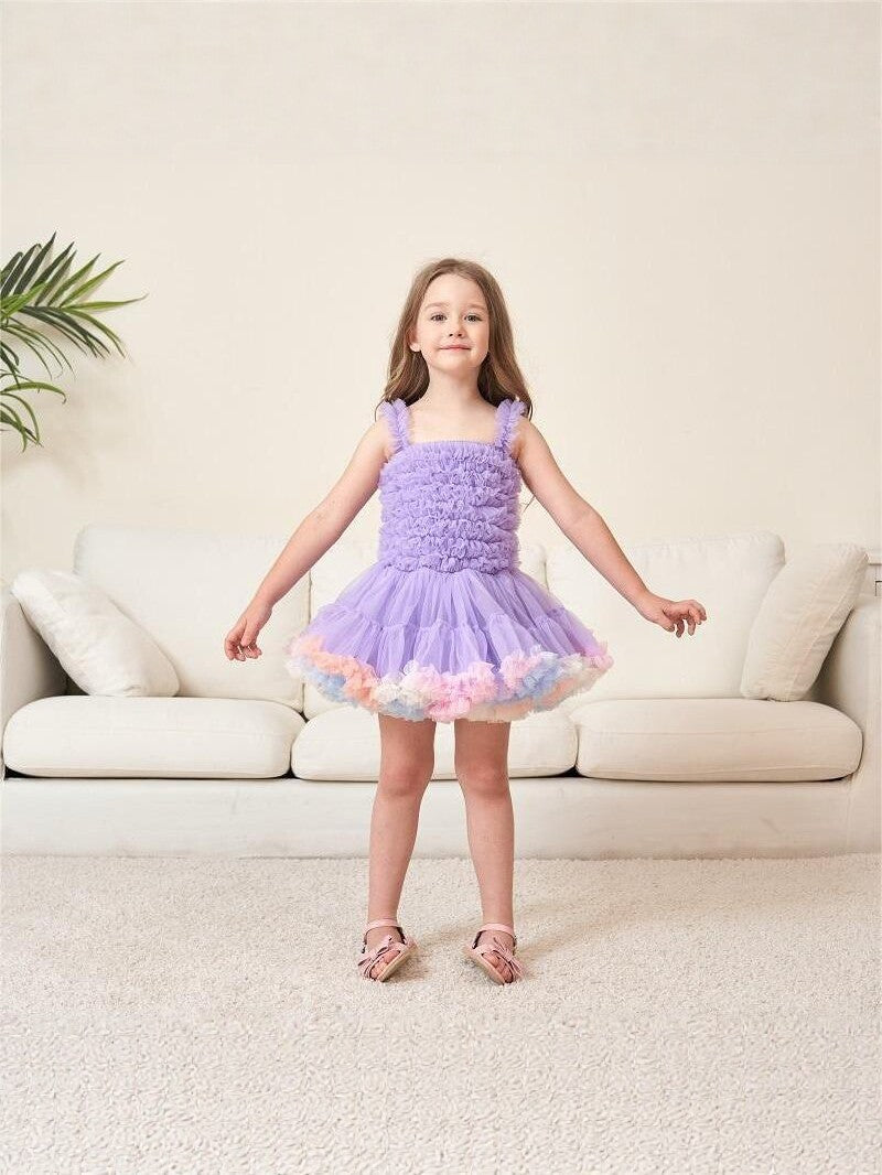 Children's Purple Princess Suspender Layered Mesh Bubble Skirt Performance Children's Dress