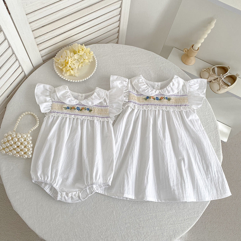 Summer French Floral Smocking Flounced Sleeve Skirt Crawling Children's Dress