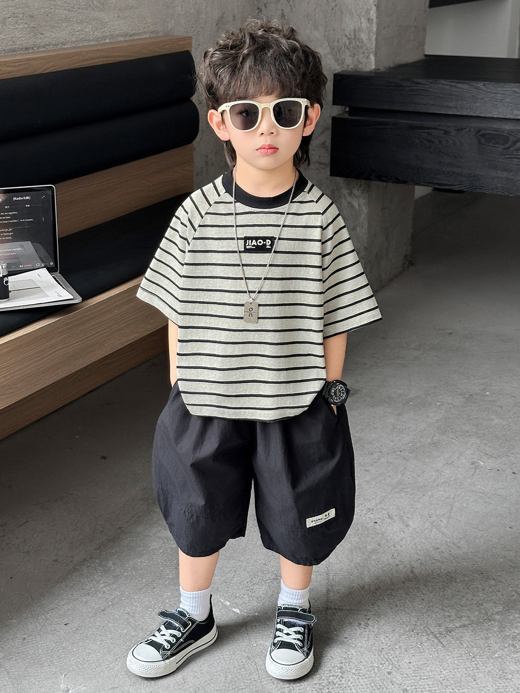 Children's Summer Striped Short-sleeved Korean Shorts Two-piece Children's Suit