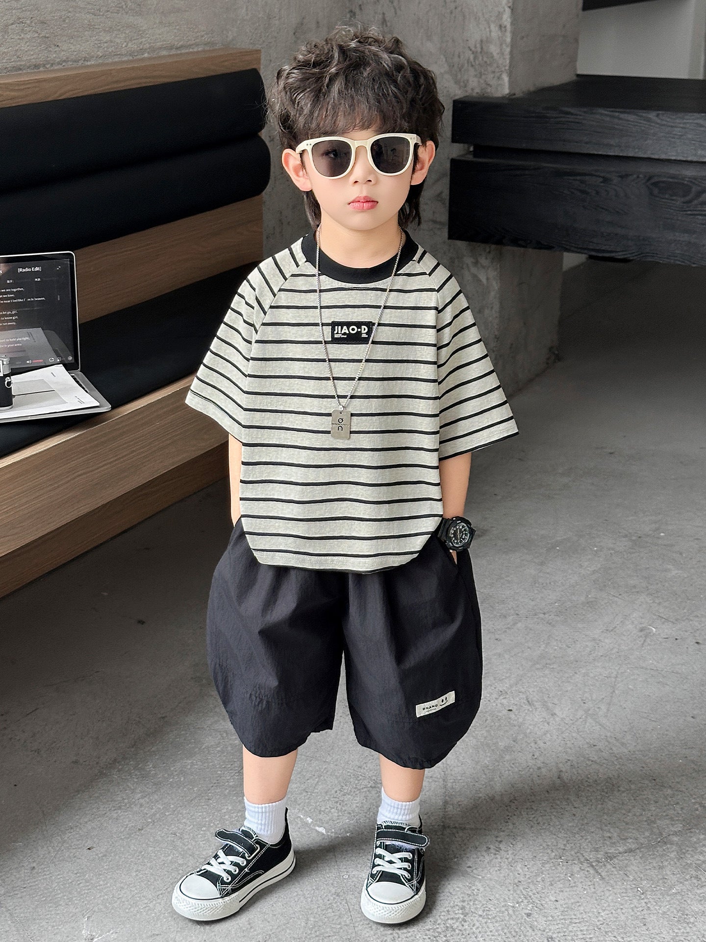 Children's Summer Striped Short-sleeved Korean Shorts Two-piece Children's Suit