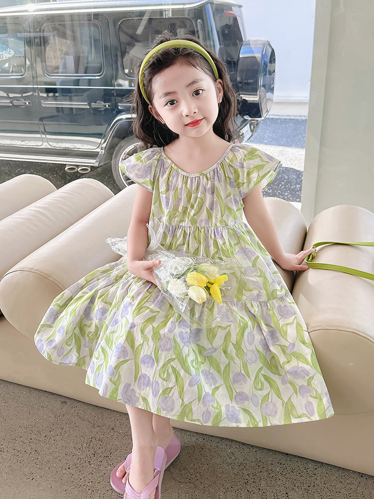 Ruffled Collar Floral Tulip Sweet Kindergarten Primary School Children's Dress