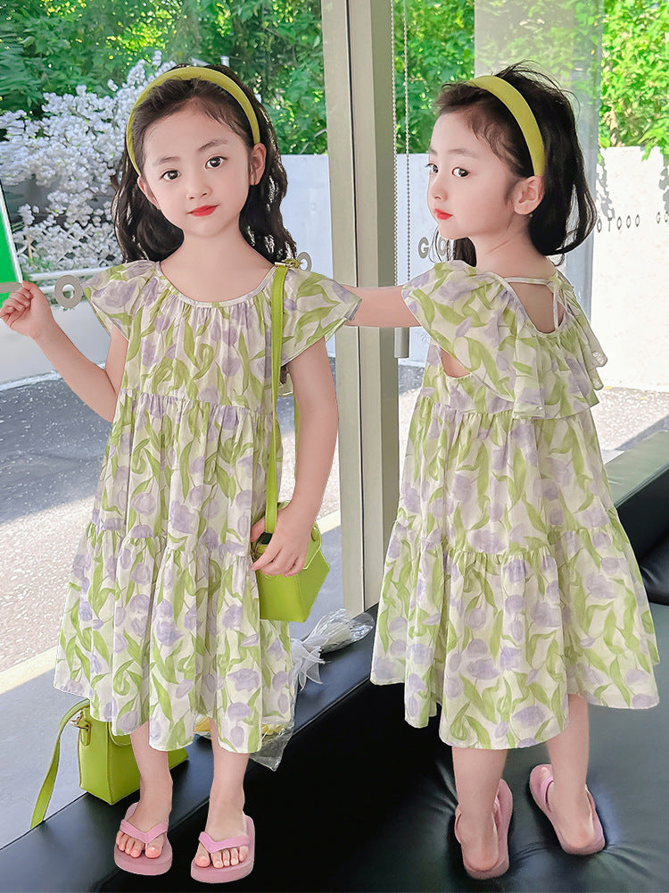 Ruffled Collar Floral Tulip Sweet Kindergarten Primary School Children's Dress