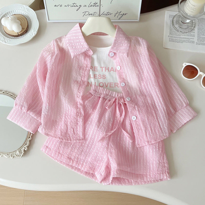 Stripes Long Sleeve Sunscreen Coat Shorts Three-piece Children's Suit