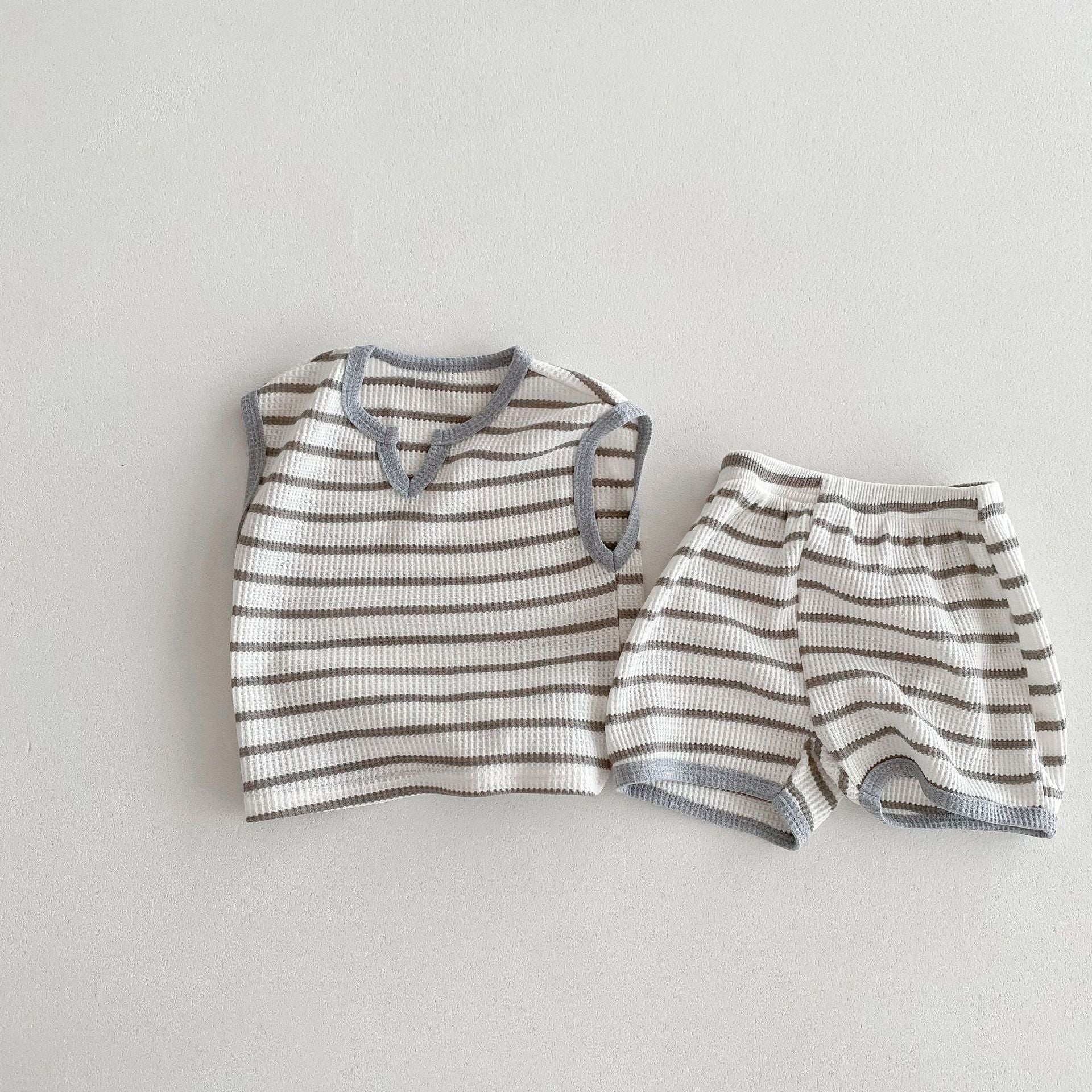 Korean Striped Contrast Color Retro Sleeveless T-shirt Shorts Home Children's Suit