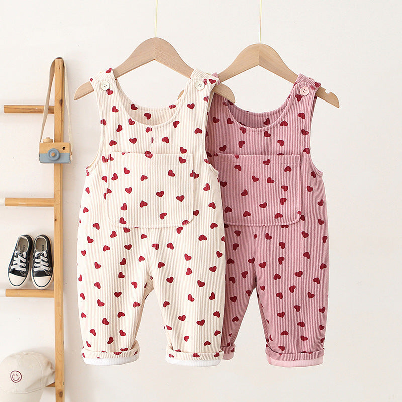 Children's Korean Style Suspender Heart Printing Corduroy Children's Pants