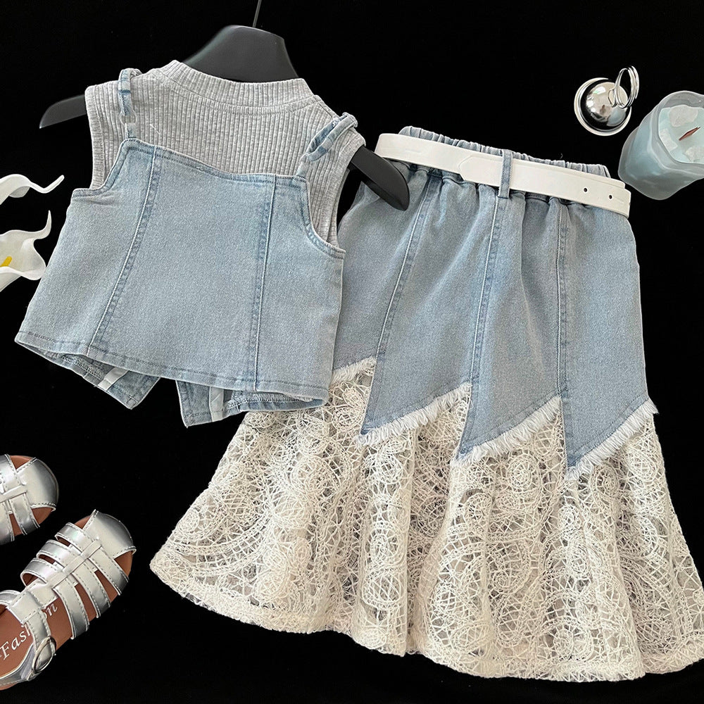 Denim Skirt Summer Fashionable Lace Stitching Camisole Three-piece Children's Suit
