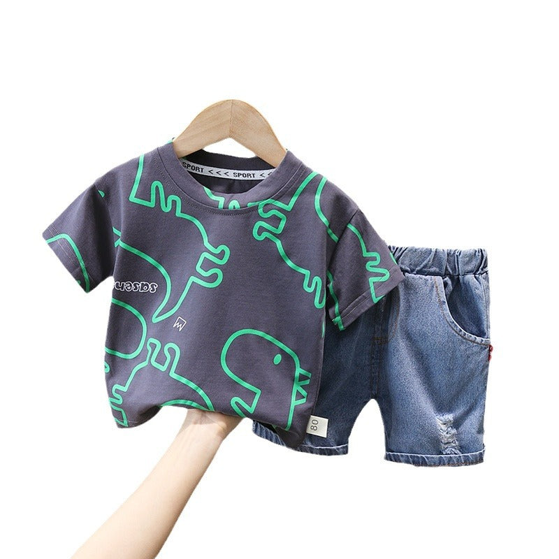 Children's Style Full Printed Dinosaur Crew Neck T-shirt Children's Suit