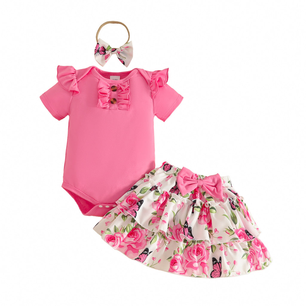 Floral Pattern Skirt Short Sleeve Top Double Layer Children's Suit