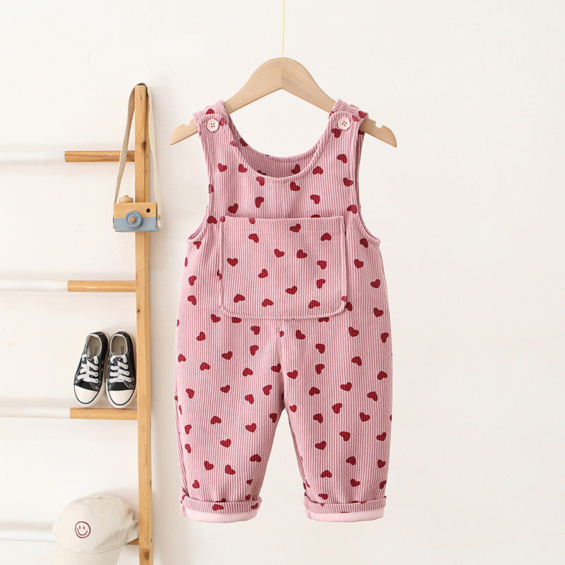 Children's Korean Style Suspender Heart Printing Corduroy Children's Pants