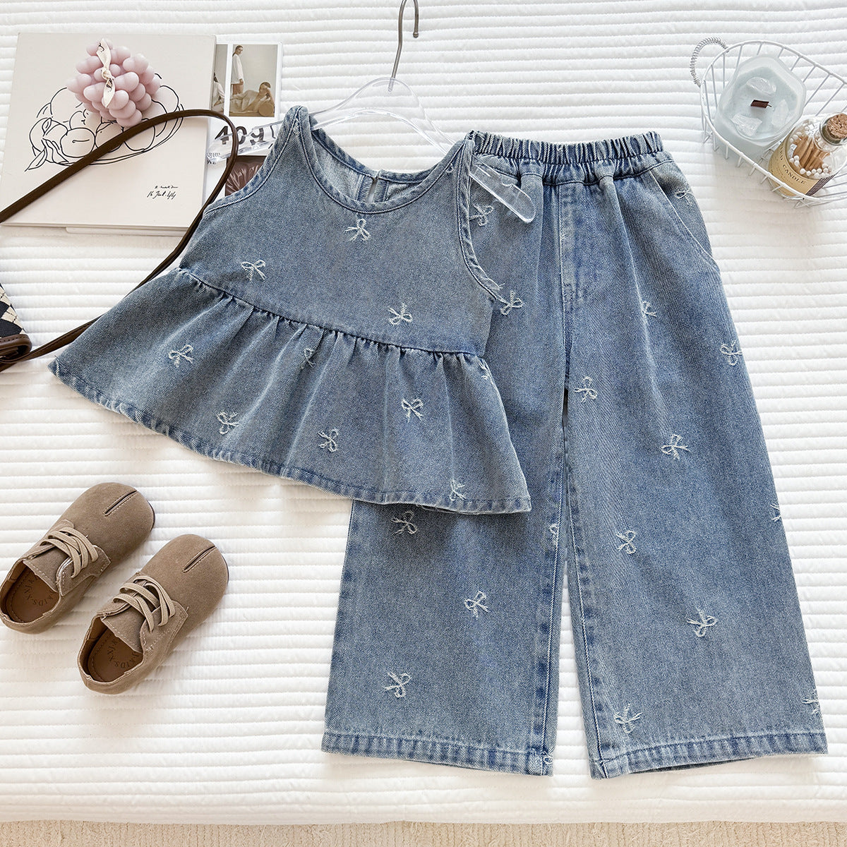 Summer Korean Style Denim Skirt Trousers Two-piece Washed Children's Suit
