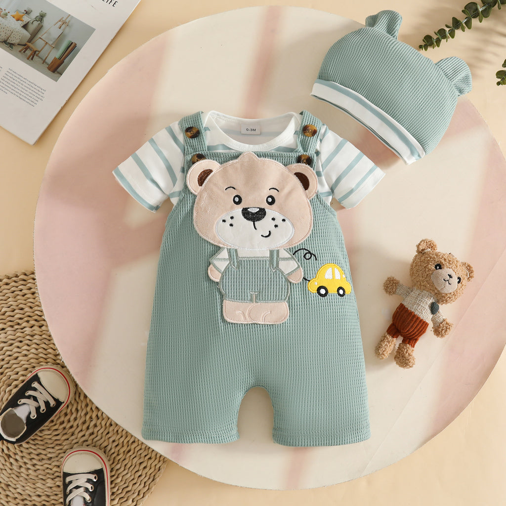 Boy Short Sleeve Striped Animal Pattern Triangle Jumpsuit Waffle Zhang Children's Suit