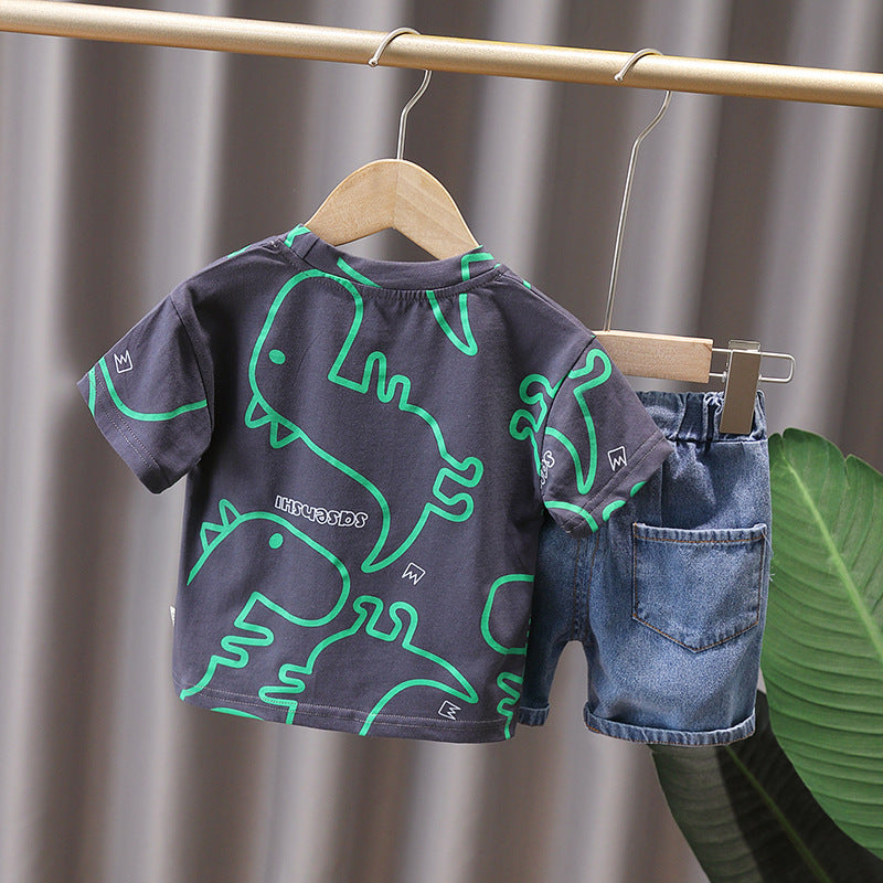 Children's Style Full Printed Dinosaur Crew Neck T-shirt Children's Suit
