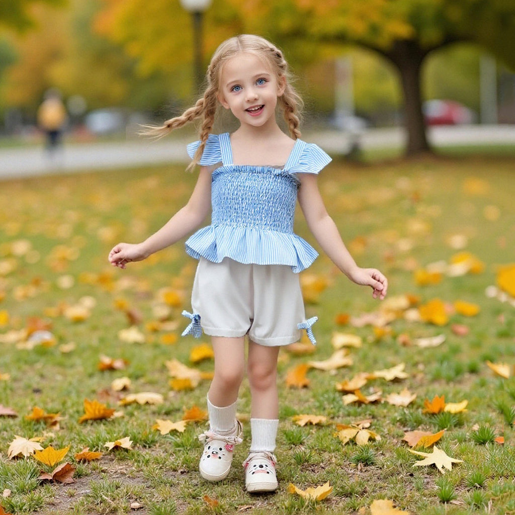 Children's Smocking Top Solid Color Shorts Three-piece Children's Suit