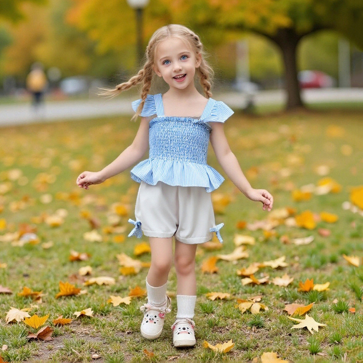 Children's Smocking Top Solid Color Shorts Three-piece Children's Suit