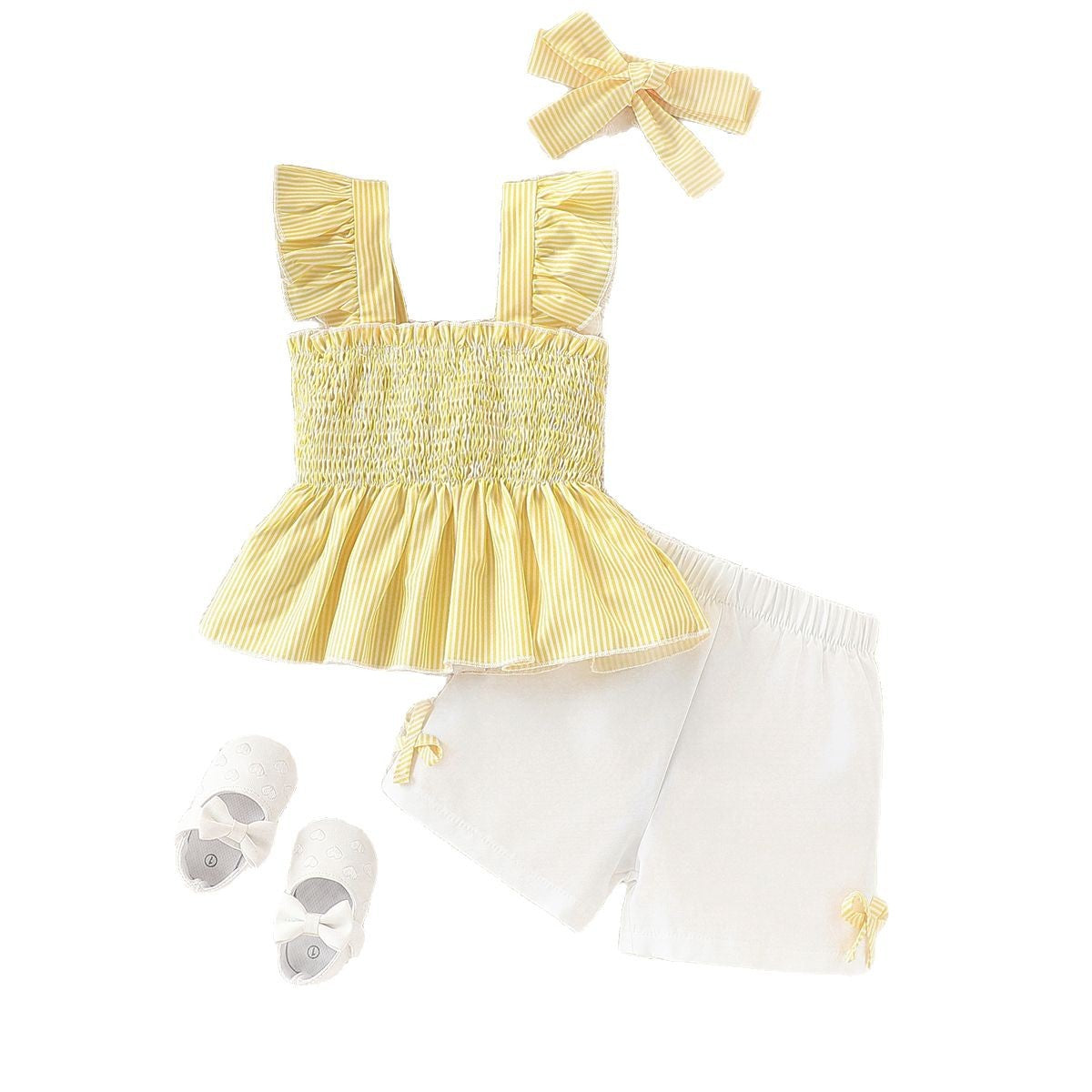 Children's Smocking Top Solid Color Shorts Three-piece Children's Suit