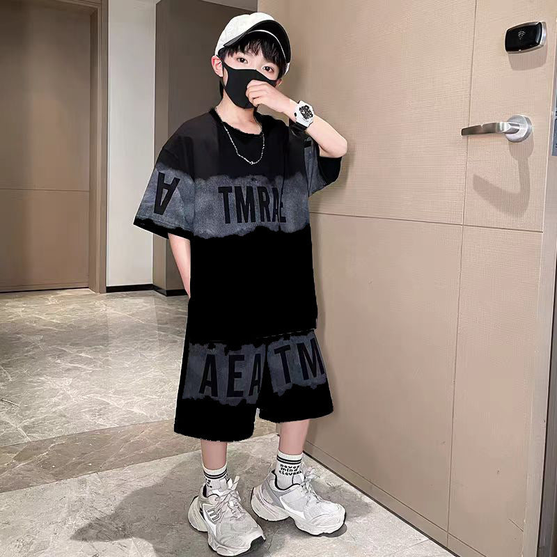 Children's Letter Printing Loose Leisure Teen Boys Short-sleeved Shorts Two-piece Children's Suit