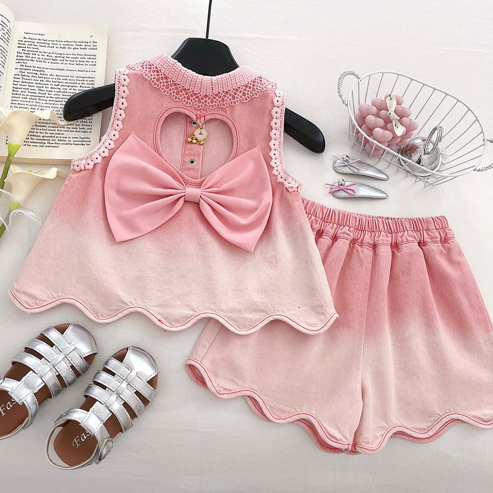 Princess Style Denim Lace Western Sleeveless Shorts Two-piece Children's Suit