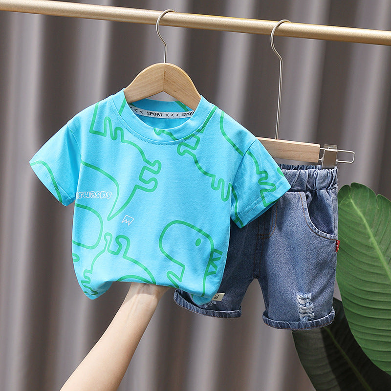 Children's Style Full Printed Dinosaur Crew Neck T-shirt Children's Suit