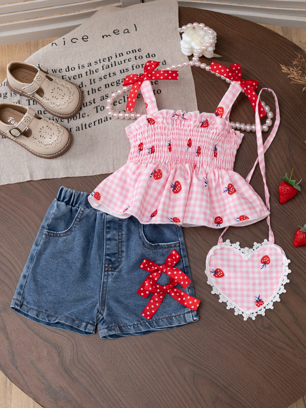 Cute Suspenders Strawberry Top Jeans Two-piece Children's Suit
