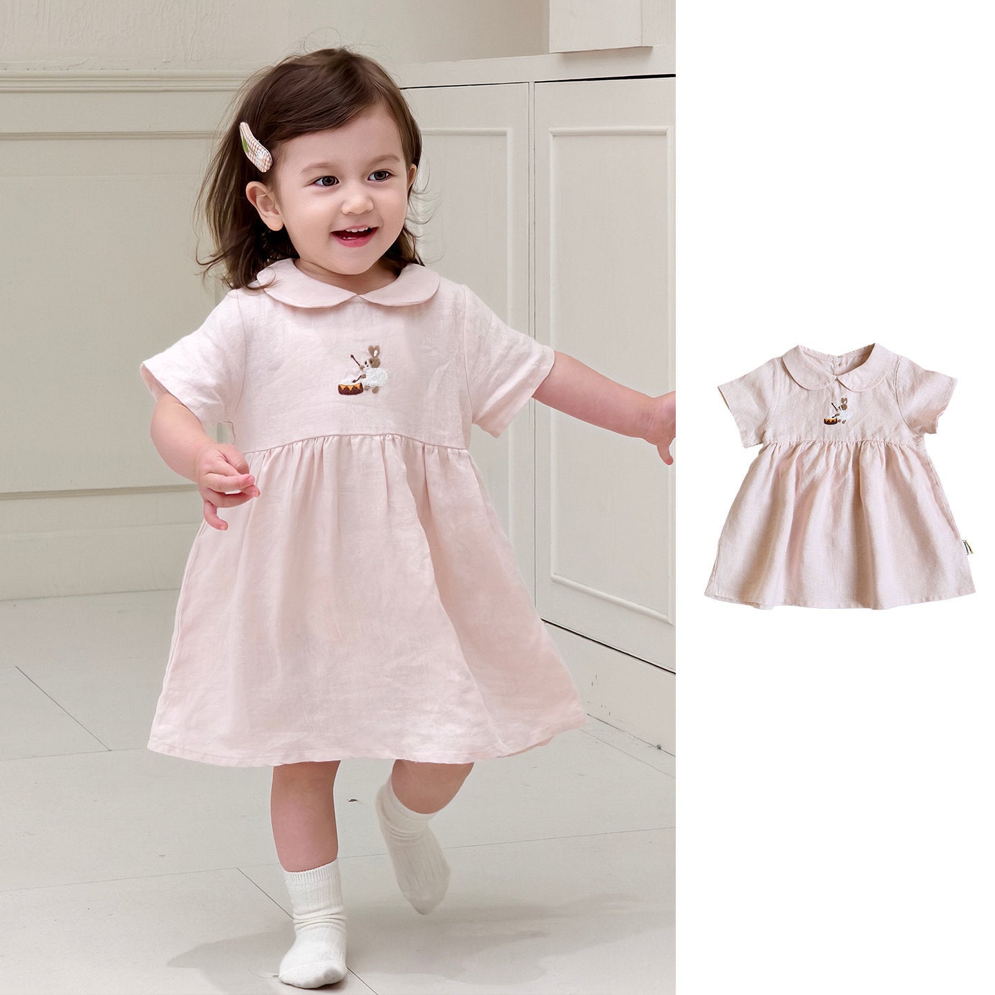 Doll Collar Embroidered Summer Short Sleeve Linen Western Style Cute Children's Dress