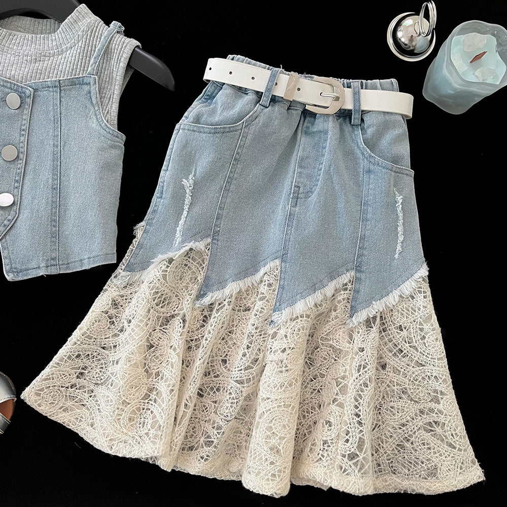 Denim Skirt Summer Fashionable Lace Stitching Camisole Three-piece Children's Suit