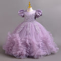 Princess Mesh Bubble Skirt Handmade Beaded Wooden Ear Sleeve Host Children's Dress