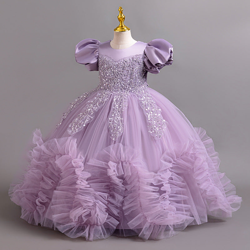 Princess Mesh Bubble Skirt Handmade Beaded Wooden Ear Sleeve Host Children's Dress