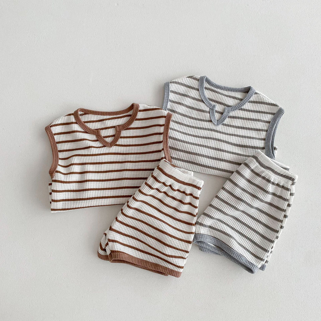 Korean Striped Contrast Color Retro Sleeveless T-shirt Shorts Home Children's Suit