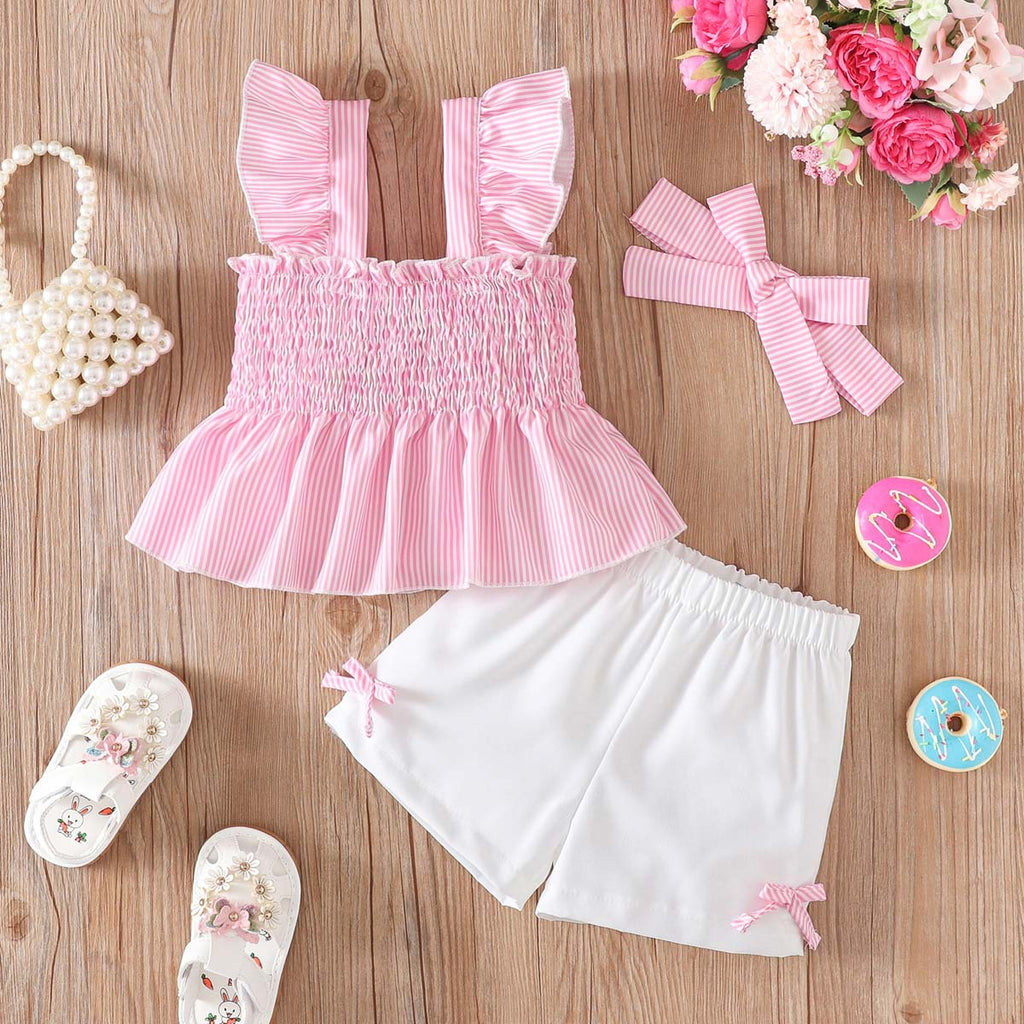 Children's Smocking Top Solid Color Shorts Three-piece Children's Suit