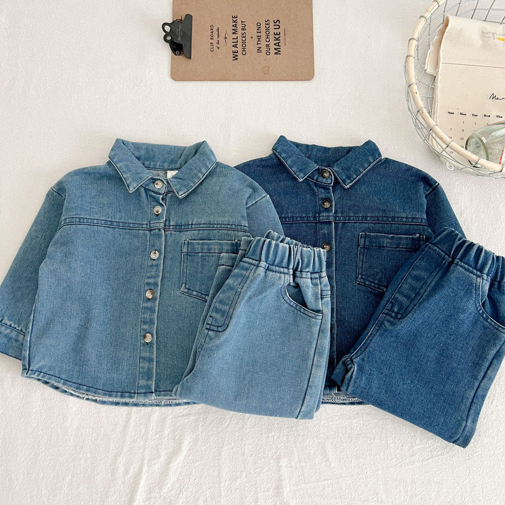 Children's Korean Style Denim Boy Retro Long-sleeved Shirt Children's Suit