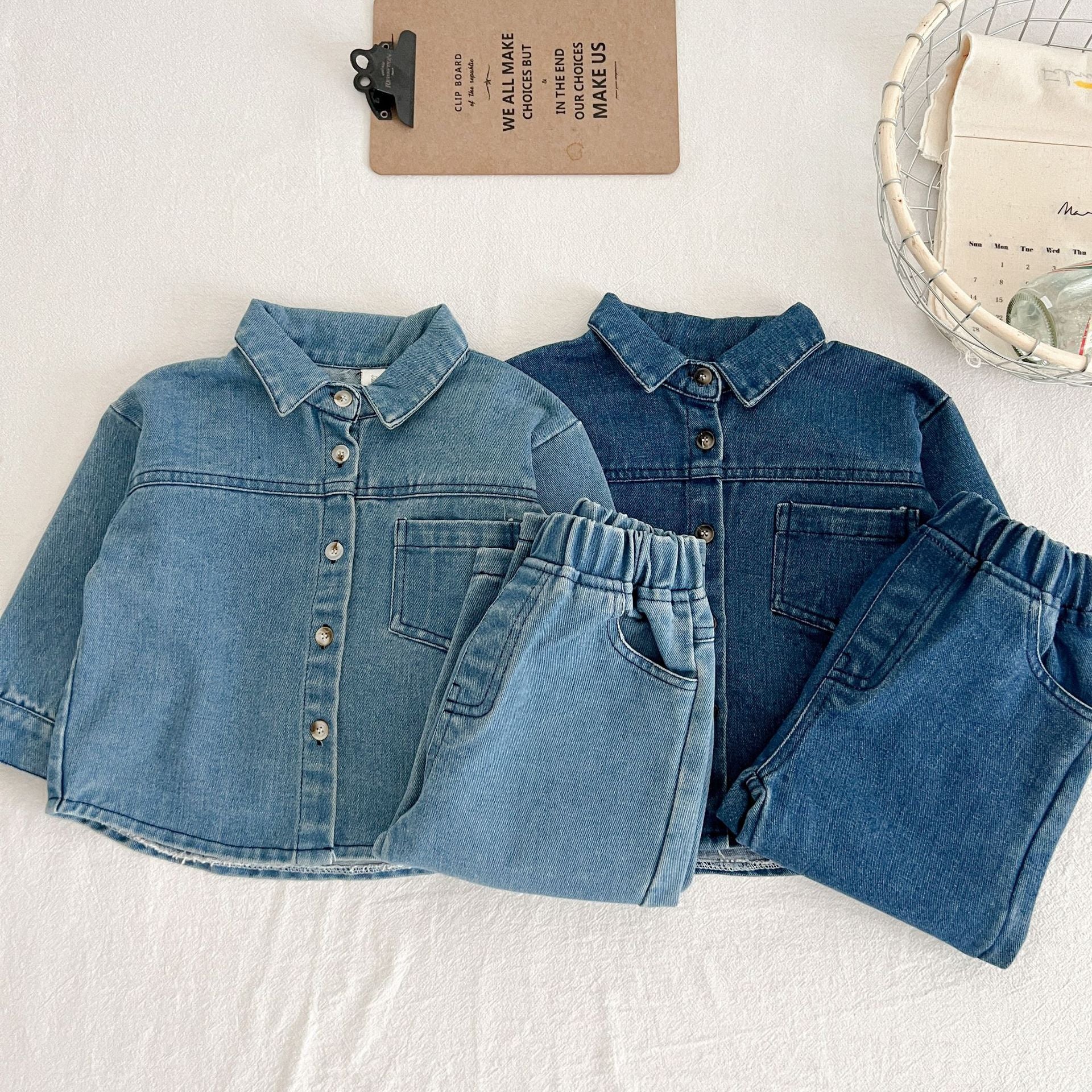 Children's Korean Style Denim Boy Retro Long-sleeved Shirt Children's Suit