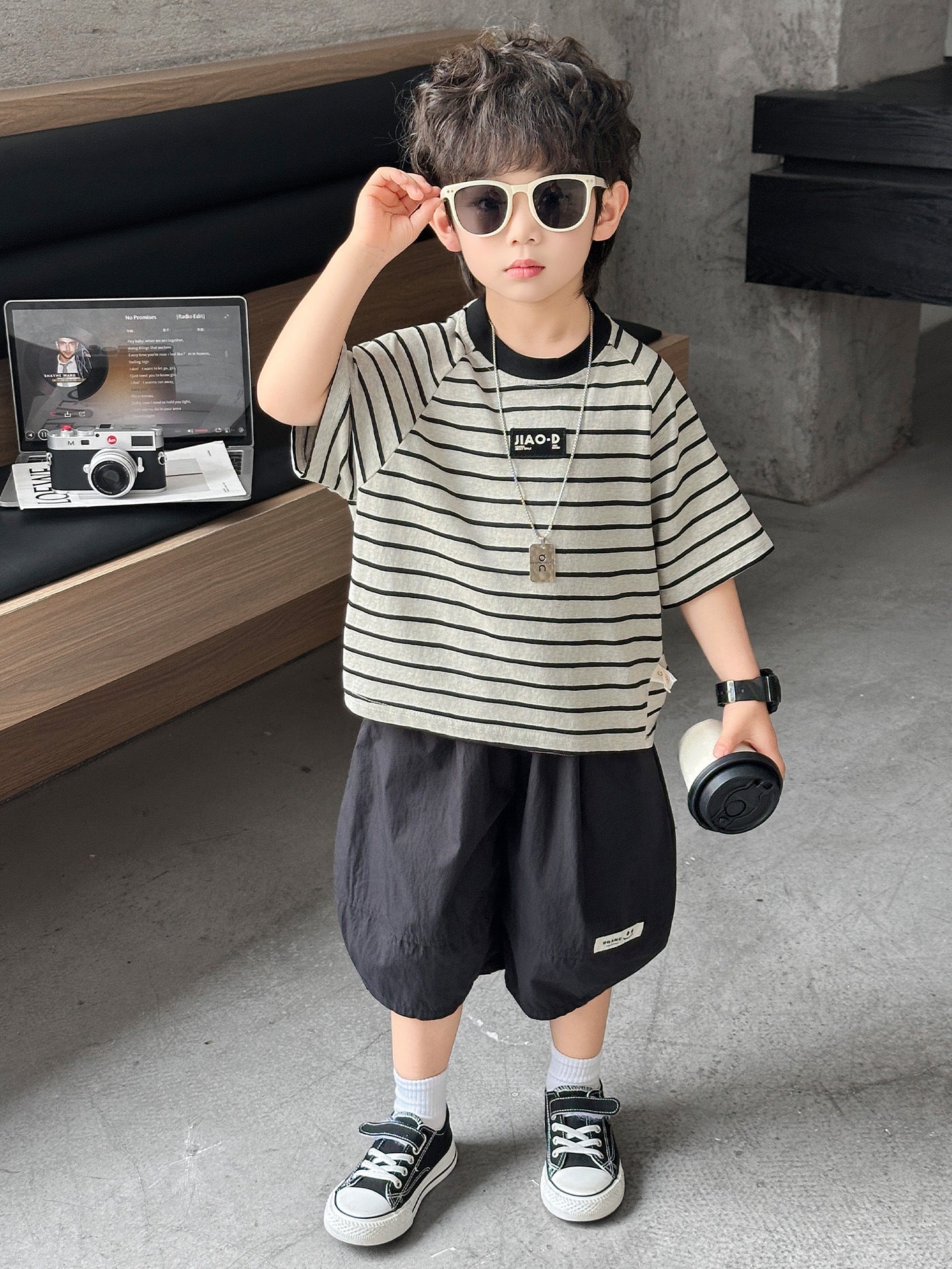 Children's Summer Striped Short-sleeved Korean Shorts Two-piece Children's Suit