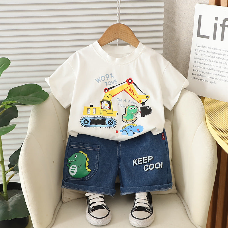 Children's Summer Short Sleeve Excavator Dinosaur T-shirt Clothing Handsome Korean Style Children's Suit