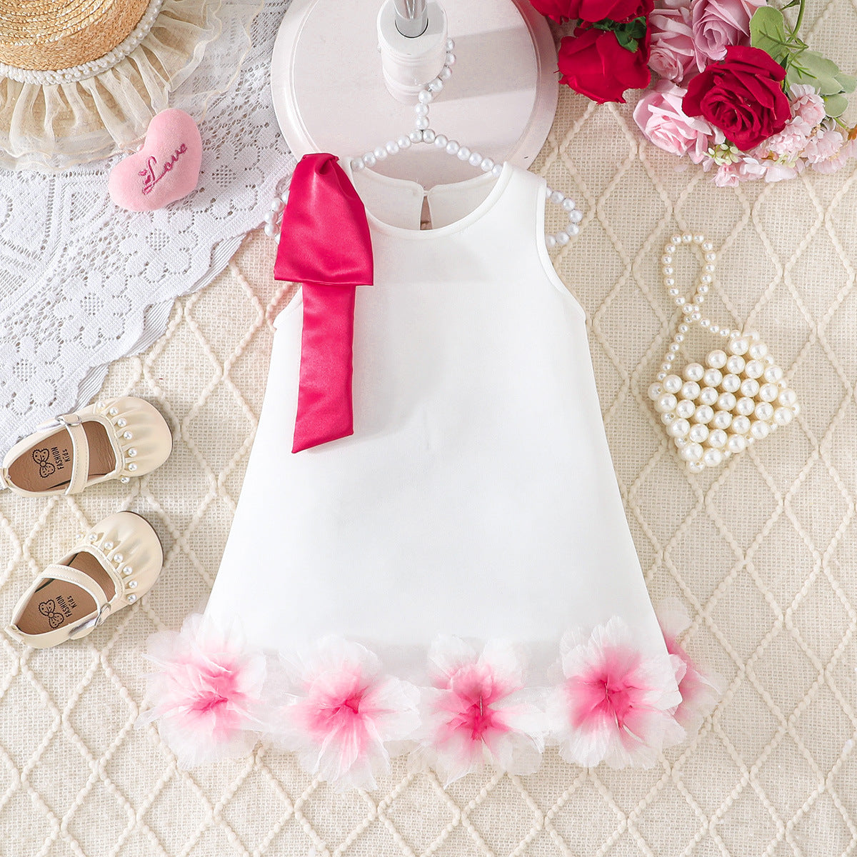 Solid Color Sleeveless Three-dimensional Flower Skirt Bow Children's Dress
