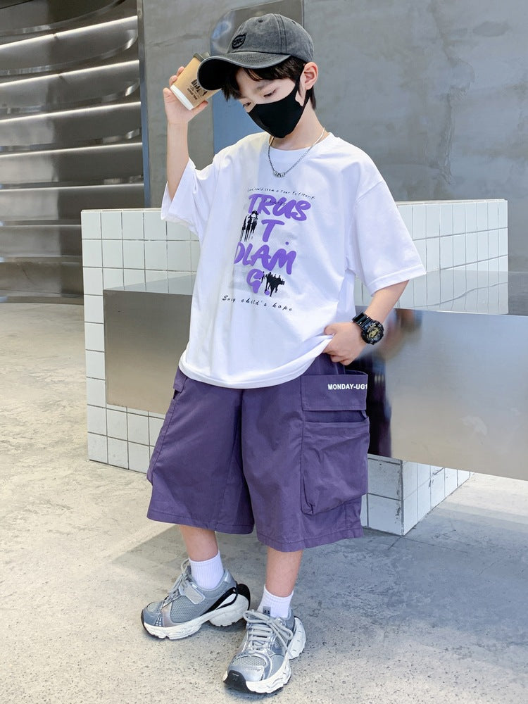 Summer Short Sleeve Medium Large Ruffle Handsome Fashionable Children's Suit