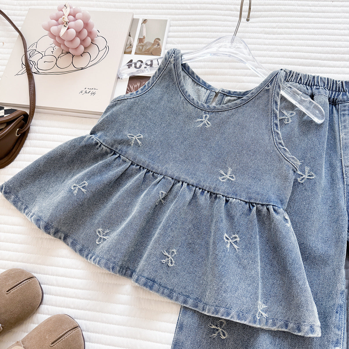 Summer Korean Style Denim Skirt Trousers Two-piece Washed Children's Suit