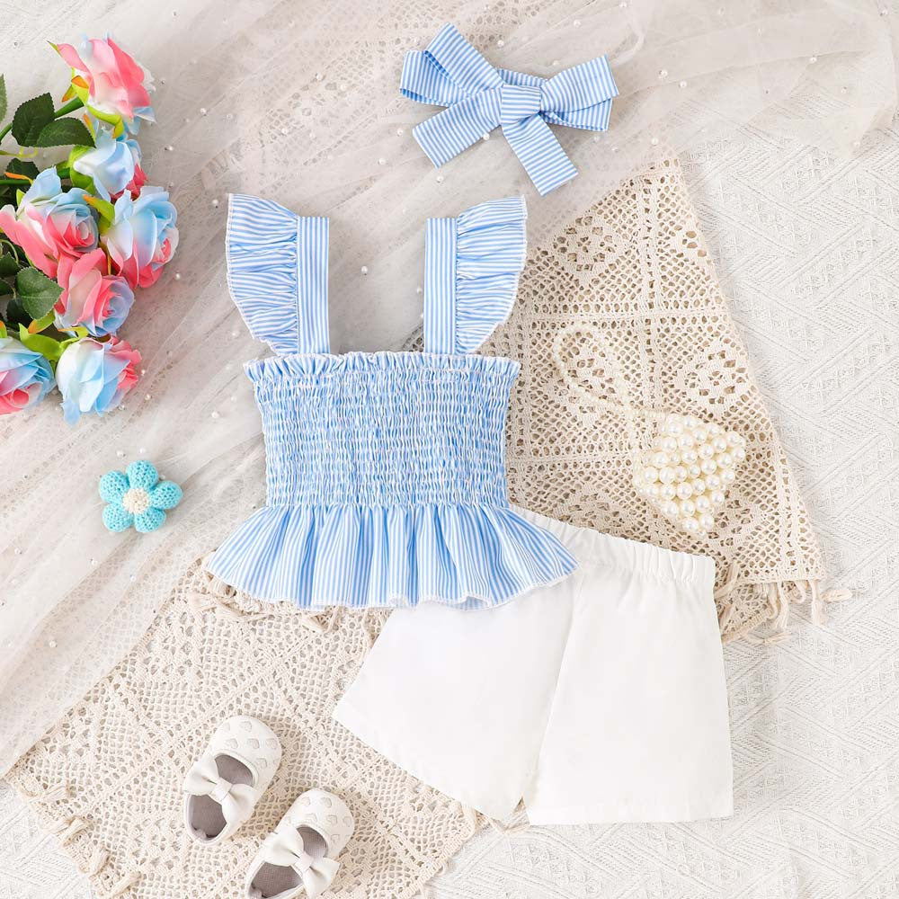 Children's Smocking Top Solid Color Shorts Three-piece Children's Suit